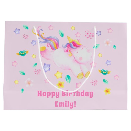 かわいいユニコーンパーソナライズされた – ピンク子供の誕生日 ラージペーパーバッグ (裏面)