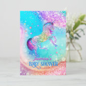 かわいいユニコーンピンクのアクアグリッターベビーシャワー 招待状 (スタンド正面)