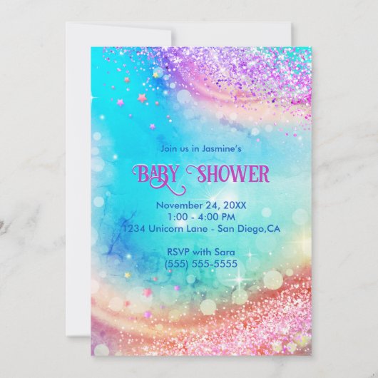 かわいいユニコーンピンクのアクアグリッターベビーシャワー 招待状 (裏面)