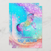 かわいいユニコーンピンクのアクアグリッターベビーシャワー 招待状 (正面/裏面)