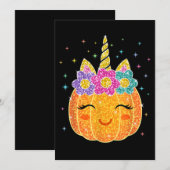 かわいいユニコーンピンクのハロウィンと感謝祭 招待状 (正面/裏面)