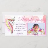 かわいいユニコーンピンクの写真子供の誕生日 サンキューカード (正面)