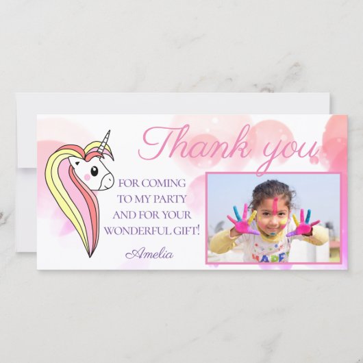 かわいいユニコーンピンクの写真子供の誕生日 サンキューカード (正面)