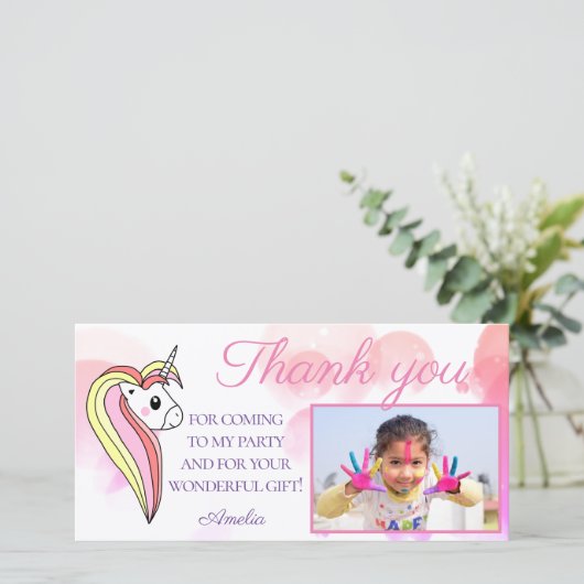 かわいいユニコーンピンクの写真子供の誕生日 サンキューカード (スタンド正面)