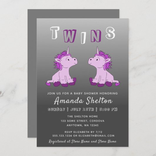 かわいいユニコーンピンクの双子GIrls赤ちゃんシャワー 招待状 (正面/裏面)