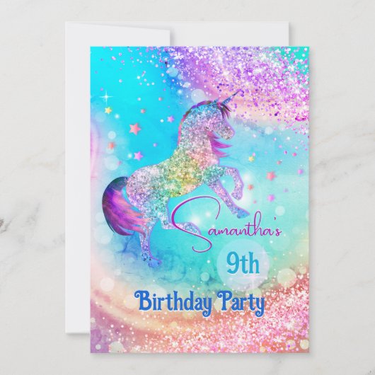 かわいいユニコーンピンクアクアグリッター任意の年齢の誕生日 招待状 (正面)