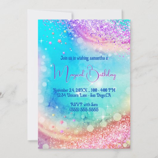 かわいいユニコーンピンクアクアグリッター任意の年齢の誕生日 招待状 (裏面)