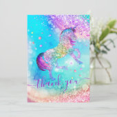 かわいいユニコーンピンクアクア虹色グリッター ガーリー サンキューカード (スタンド正面)