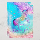 かわいいユニコーンピンクアクア虹色グリッター ガーリー サンキューカード (正面/裏面)
