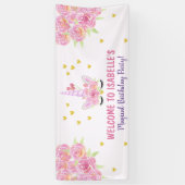 かわいいユニコーンピンクウォーターカラー花模様誕生日 横断幕 (縦)