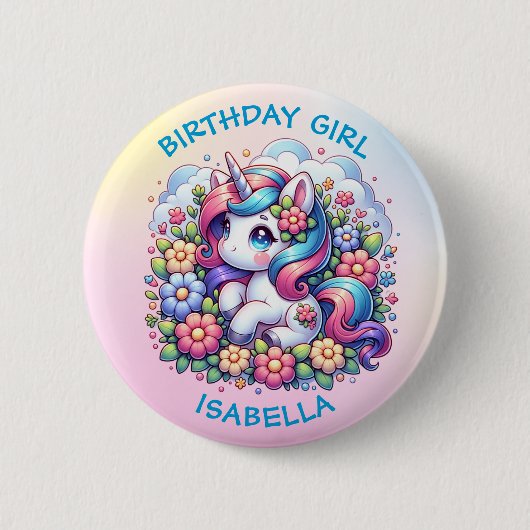 かわいいユニコーンピンクガール誕生日ガール 缶バッジ (正面)