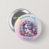 かわいいユニコーンピンクガール誕生日ガール 缶バッジ (正面&裏面)