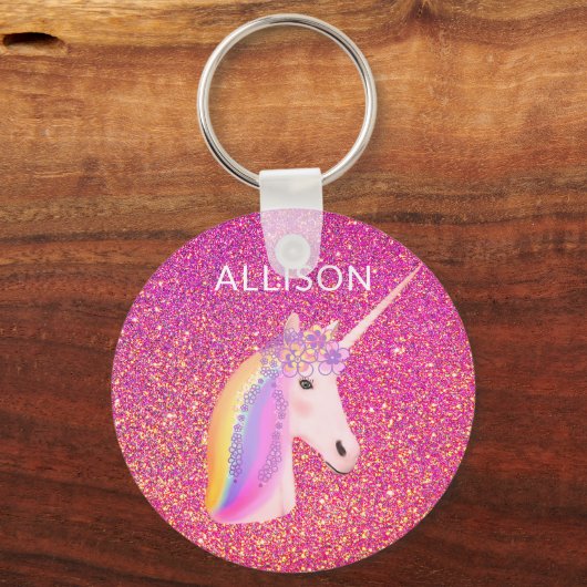 かわいいユニコーンピンクグリッターキラキラファンタジー女子 キーホルダー (正面)