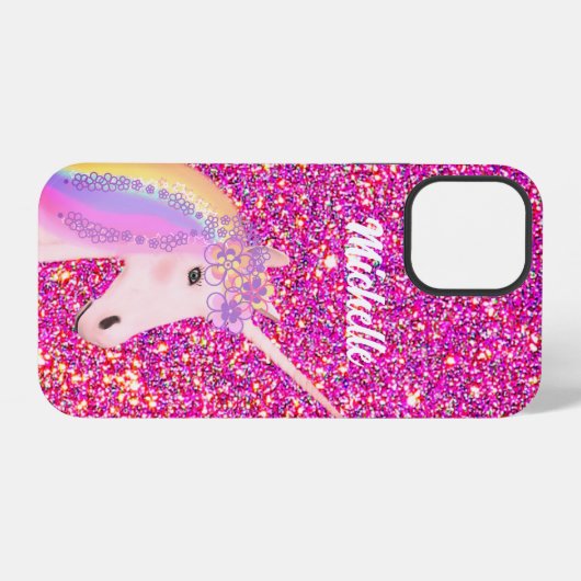 かわいいユニコーンピンクグリッターパーソナライズされた子 iPhoneケース (裏面横)