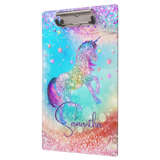 かわいいユニコーンピンクグリッターレインボーアクアモノグラム クリップボード (左)