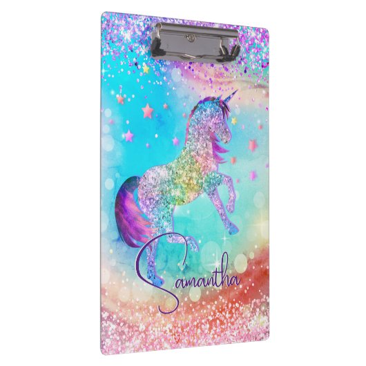 かわいいユニコーンピンクグリッターレインボーアクアモノグラム クリップボード (右)