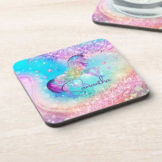 かわいいユニコーンピンクグリッターレインボーアクアモノグラム コースター (左側)