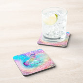 かわいいユニコーンピンクグリッターレインボーアクアモノグラム コースター (右側)