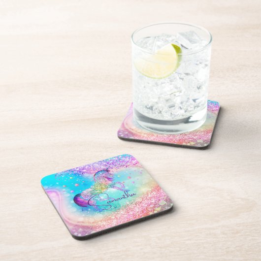 かわいいユニコーンピンクグリッターレインボーアクアモノグラム コースター (右側)