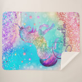 かわいいユニコーンピンクグリッターレインボーアクアモノグラム シェルパブランケット (正面(横))