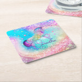 かわいいユニコーンピンクグリッターレインボーアクアモノグラム スクエアペーパーコースター (アングル)