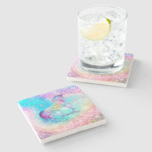 かわいいユニコーンピンクグリッターレインボーアクアモノグラム ストーンコースター (横)