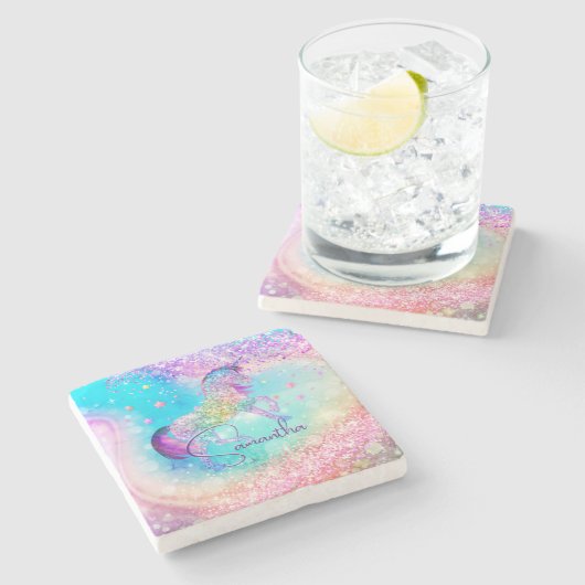 かわいいユニコーンピンクグリッターレインボーアクアモノグラム ストーンコースター (横)