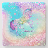 かわいいユニコーンピンクグリッターレインボーアクアモノグラム ストーンコースター (正面)