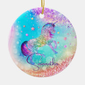 かわいいユニコーンピンクグリッターレインボーアクアモノグラム セラミックオーナメント (正面)