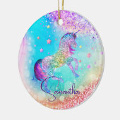 かわいいユニコーンピンクグリッターレインボーアクアモノグラム セラミックオーナメント (左)
