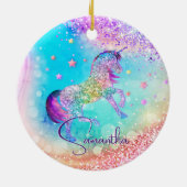 かわいいユニコーンピンクグリッターレインボーアクアモノグラム セラミックオーナメント (裏面)