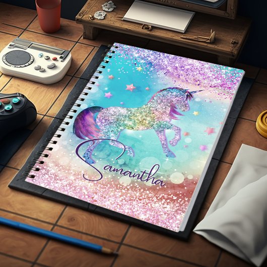 かわいいユニコーンピンクグリッターレインボーアクアモノグラム ノートブック