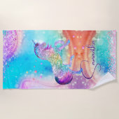 かわいいユニコーンピンクグリッターレインボーアクアモノグラム ビーチタオル (正面)