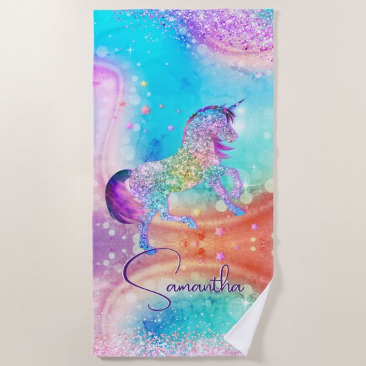 かわいいユニコーンピンクグリッターレインボーアクアモノグラム ビーチタオル (正面)