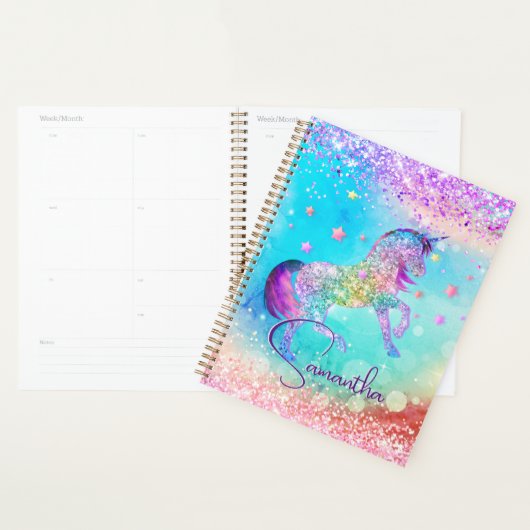 かわいいユニコーンピンクグリッターレインボーアクアモノグラム プランナー手帳 (ディスプレー)