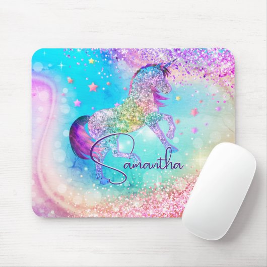 かわいいユニコーンピンクグリッターレインボーアクアモノグラム マウスパッド (マウス)