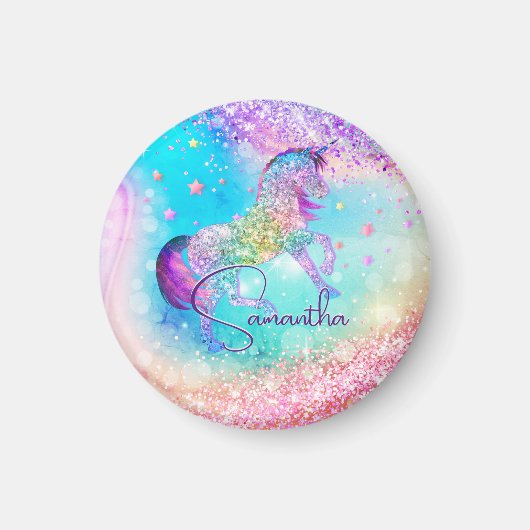 かわいいユニコーンピンクグリッターレインボーアクアモノグラム マグネット (正面)