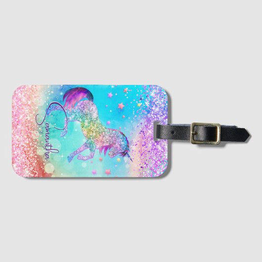 かわいいユニコーンピンクグリッターレインボーアクアモノグラム ラゲッジタグ (正面横)