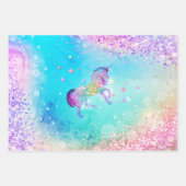 かわいいユニコーンピンクグリッターレインボーアクアモノグラム ラッピングペーパーシート (正面)