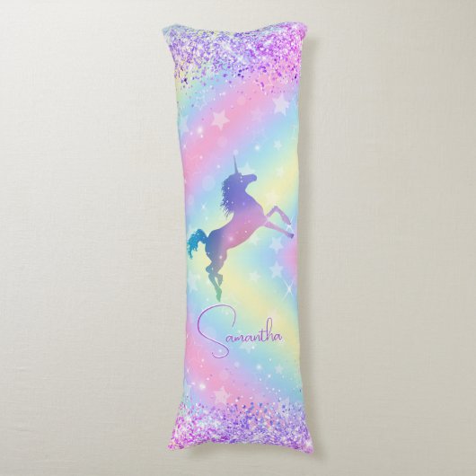 かわいいユニコーンピンクグリッターレインボーアートモノグラム ボディピロー (正面縦)