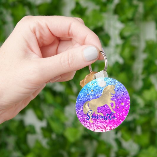 かわいいユニコーンピンクグリッターレインボーモノグラム キーホルダー (手)