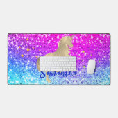 かわいいユニコーンピンクグリッターレインボーモノグラム デスクマット (キーボード&マウス)