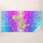 かわいいユニコーンピンクグリッターレインボーモノグラム ビーチタオル (正面)