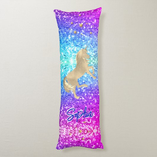 かわいいユニコーンピンクグリッターレインボーモノグラム ボディピロー (裏面 (縦))