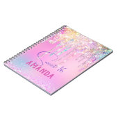 かわいいユニコーンピンクグリッター誕生日モノグラム ノートブック (左側)