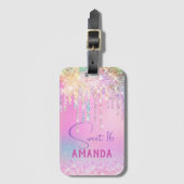 かわいいユニコーンピンクグリッター誕生日モノグラム ラゲッジタグ (正面縦)