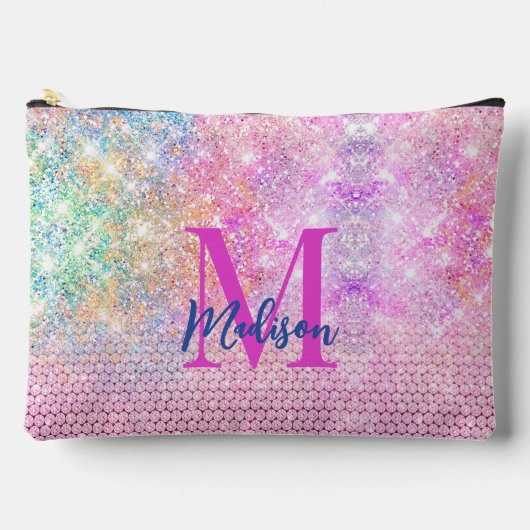 かわいいユニコーンピンクフェイクグリッターライン石モノグラム アクセサリーポーチ (正面)