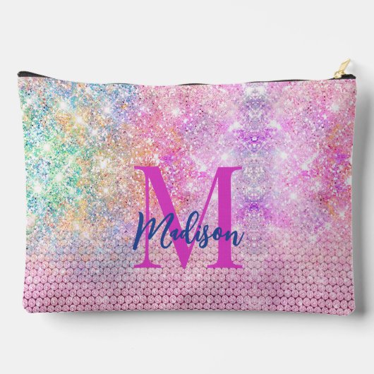 かわいいユニコーンピンクフェイクグリッターライン石モノグラム アクセサリーポーチ (裏面)