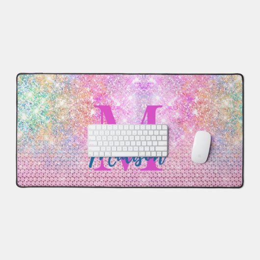かわいいユニコーンピンクフェイクグリッターライン石モノグラム デスクマット (キーボード&マウス)