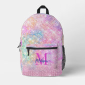 かわいいユニコーンピンクフェイクグリッターライン石モノグラム プリントバックパック (正面)